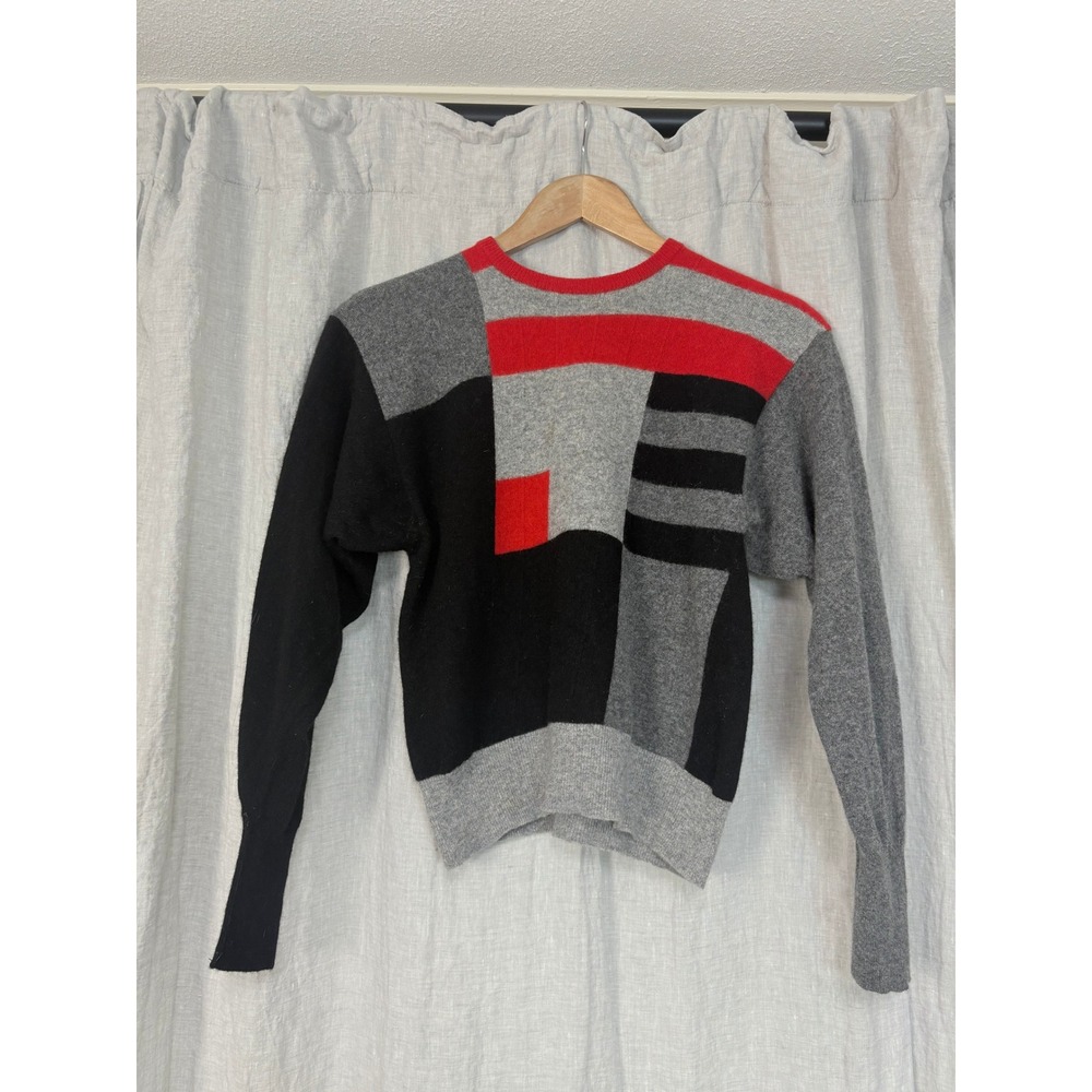 Vintage Colorblock Wool Sweater Made in Scotland Grey Black Red Crewneck